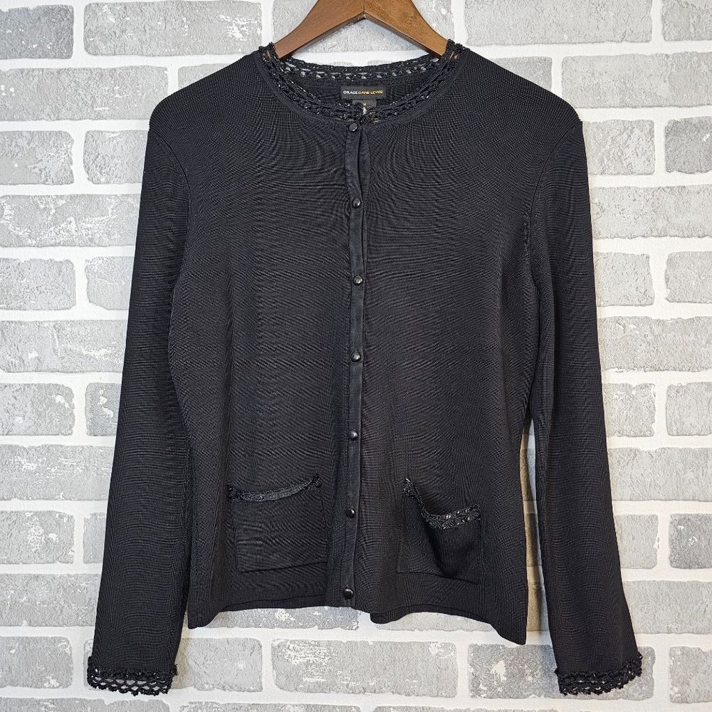 Grace‎ Dane Lewis Cardigan Women's Medium Black Button Front Beaded Slinky Knit